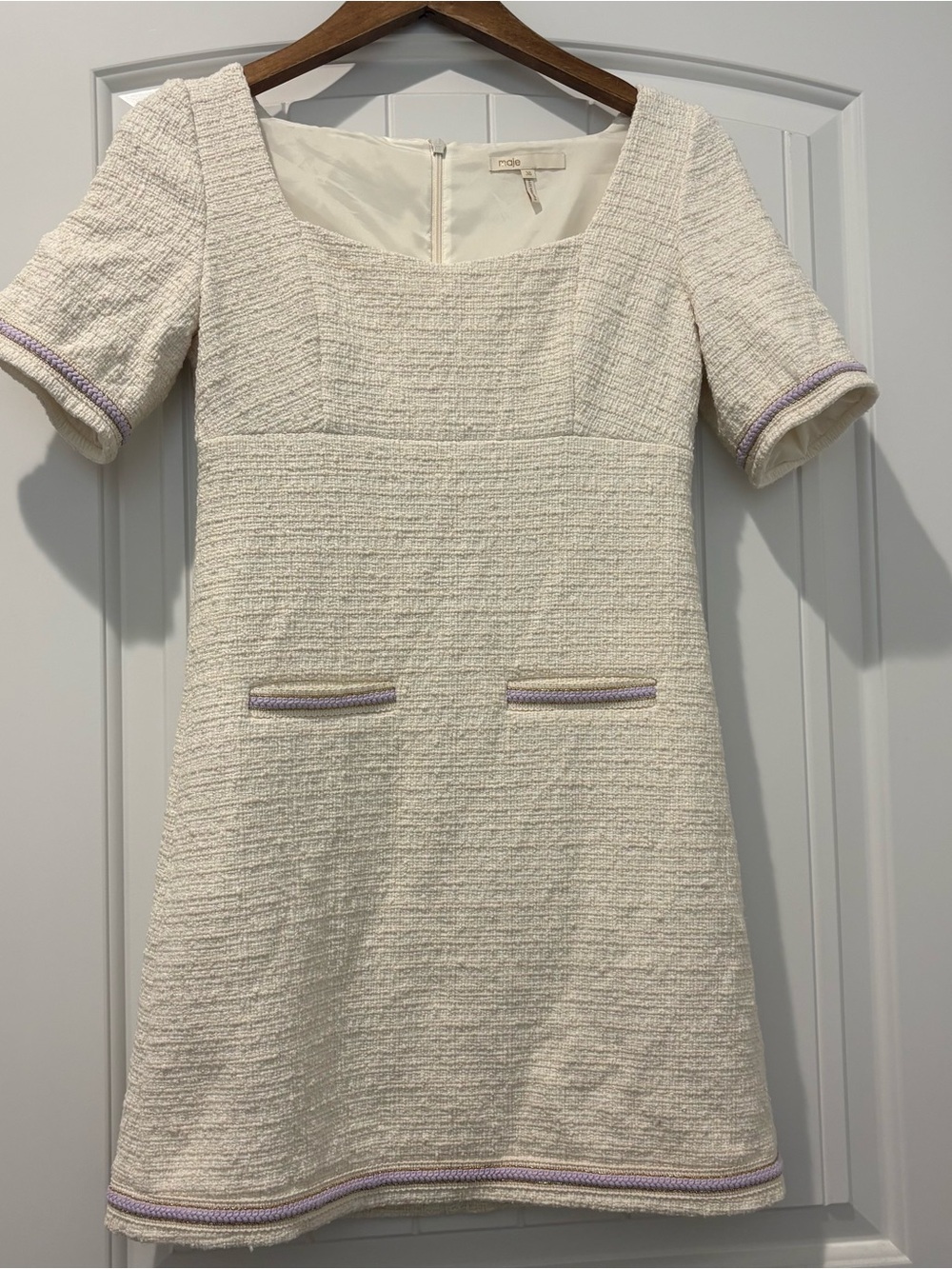 Maje Ranessa Dress EU 36 Chic Cream Textured Short-Sleeve with Lavender Piping - Picture 3 of 6